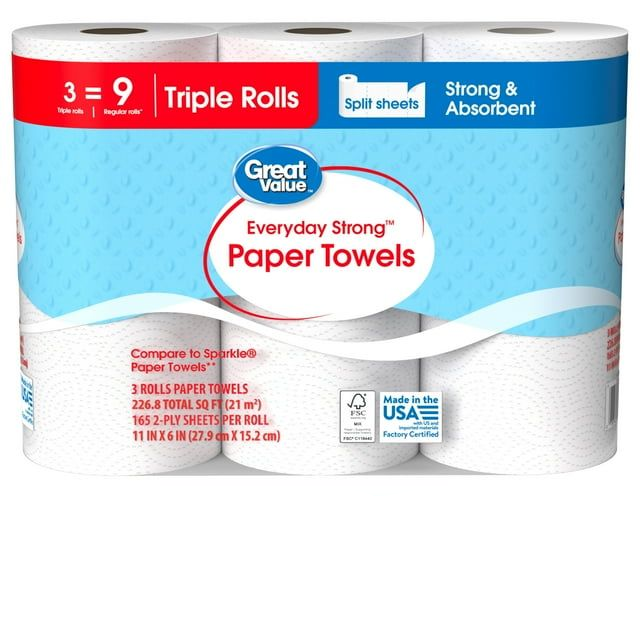 Paper Towels, Split Sheets, 3 Triple Rolls (165 Sheets Each)