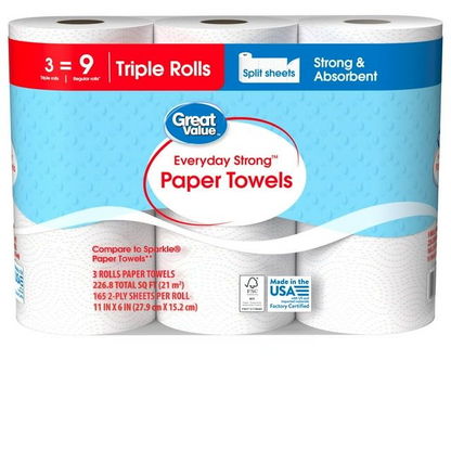 Paper Towels, Split Sheets, 3 Triple Rolls (165 Sheets Each)