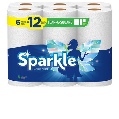 Six rolls of Sparkle paper towels on a white background