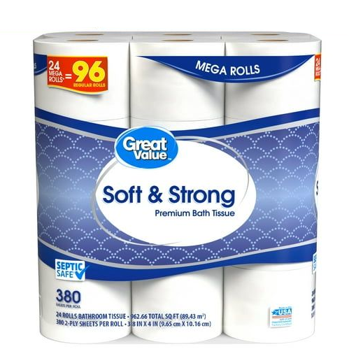 Great Value Soft & Strong Premium Toilet Paper, 24 Mega Rolls, 380 Sheets per Roll